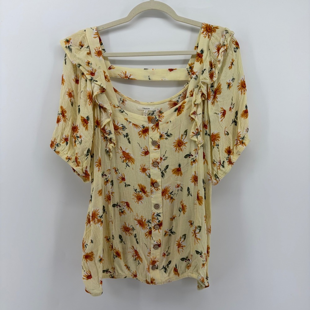 Maurices Yellow Floral Square Neck Ruffle Sleeve‎ Button Front Blouse Size 1X